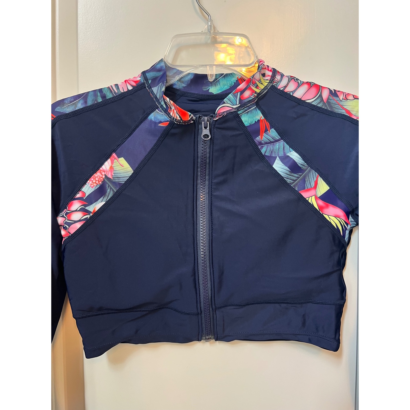 Tropical Rash Guard Cropped Navy Blue Zip Front Small